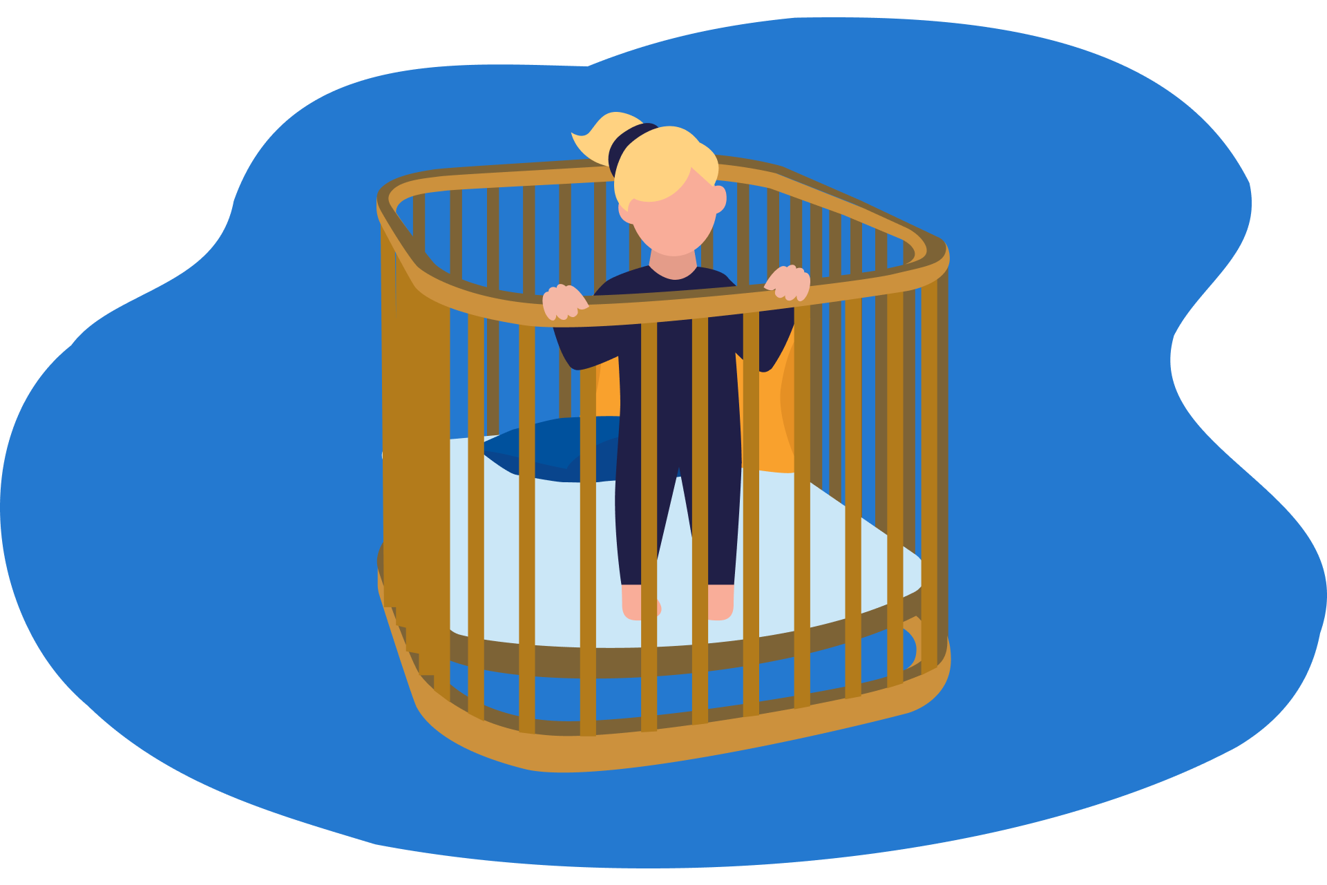 Ilustração de criança numa cama com grades